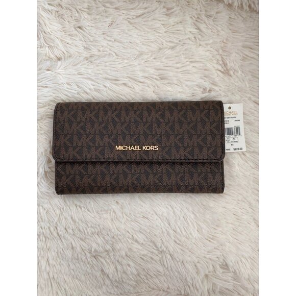 Michael Kors trifold wallet large card case wallet purse MK signature brown - Picture 1 of 3